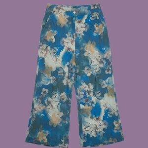 Floral Wide Leg Pants - Blue and Cream